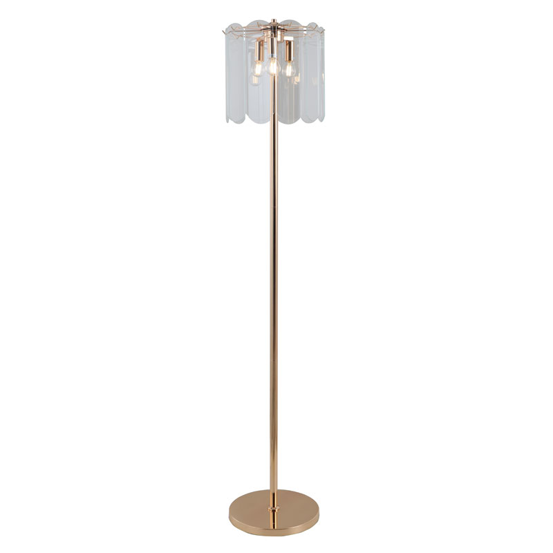 Lampa podłogowa z 3 żarówkami, w kolorze złotym, z przezroczystego szkła